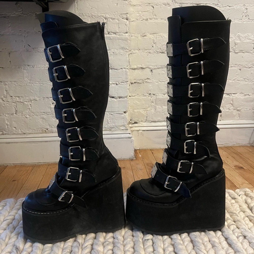 Demonia Trinity Black Platform Boots with Silver Buckles - Picture 2 of 6